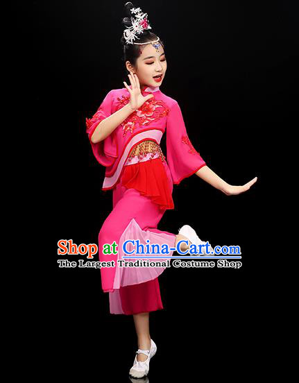Chinese Traditional Umbrella Dancewear Children Folk Dance Clothing Group Dance Garment Costume Fan Dance Megenta Uniform