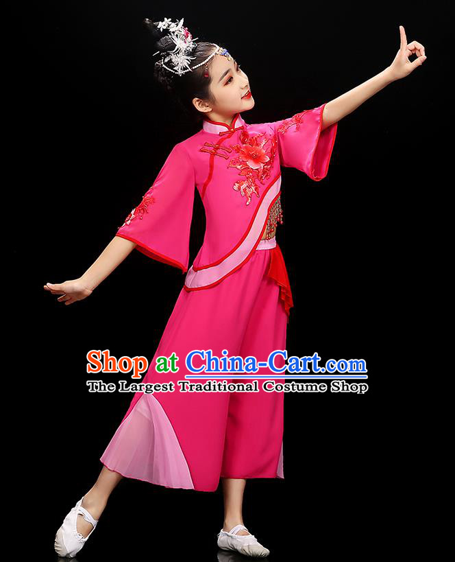 Chinese Traditional Umbrella Dancewear Children Folk Dance Clothing Group Dance Garment Costume Fan Dance Megenta Uniform
