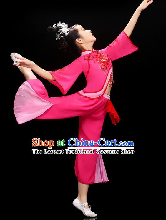Chinese Traditional Umbrella Dancewear Children Folk Dance Clothing Group Dance Garment Costume Fan Dance Megenta Uniform