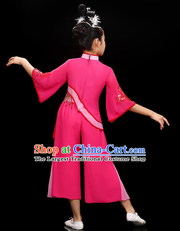 Chinese Traditional Umbrella Dancewear Children Folk Dance Clothing Group Dance Garment Costume Fan Dance Megenta Uniform