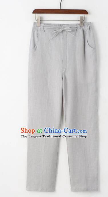 Chinese Traditional Wushu Loose Pants Tai Chi Straight Leg Trousers Top Linen Kung Fu Pants Martial Arts Grey Pants for Men