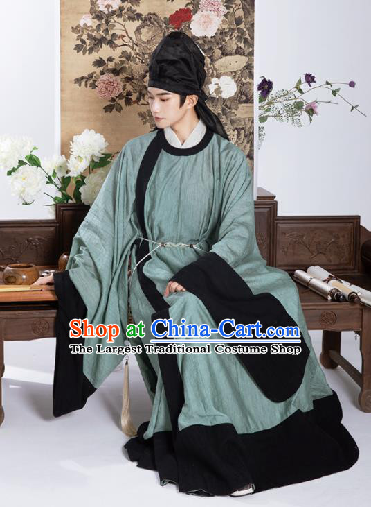 Chinese Ancient Scholar Clothing Traditional Hanfu Green Long Gown Ming Dynasty Taoist Garment Costumes for Men