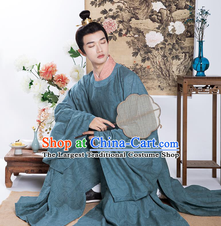 Chinese Song Dynasty Prince Garment Costumes Ancient Scholar Clothing Traditional Noble Childe Blue Hanfu Robe for Men