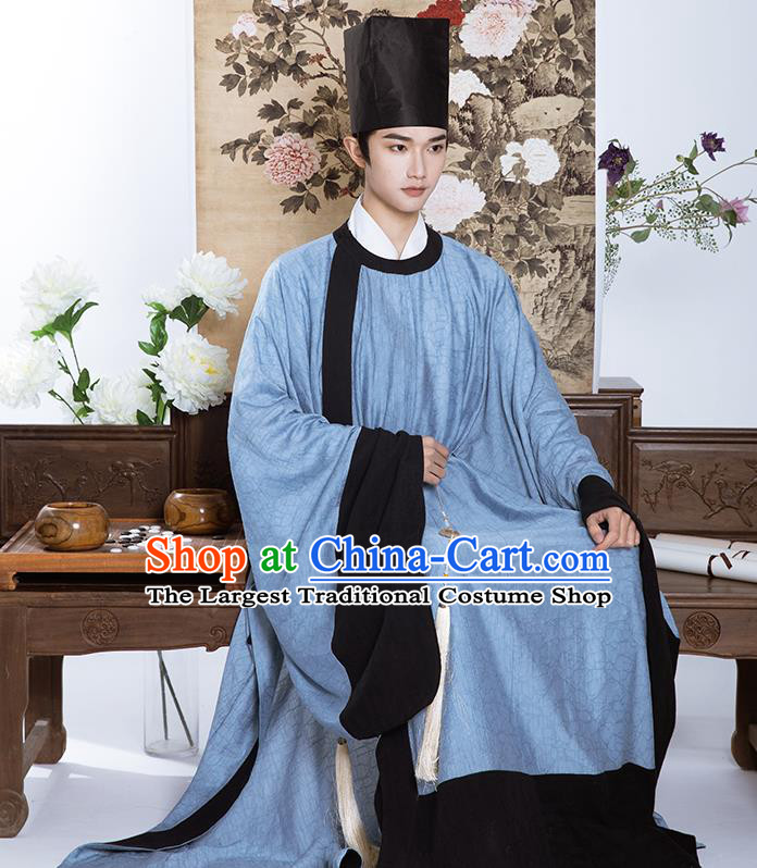 Chinese Traditional Blue Hanfu Robe Ming Dynasty Scholar Garment Costumes Ancient Taoist Clothing