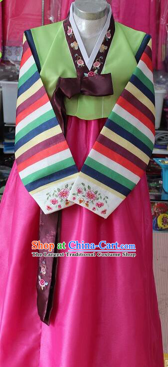 Korean Traditional Clothing Korea Stripes Hanbok Women Green Blouse and Megenta Dress Festival Garment Costumes