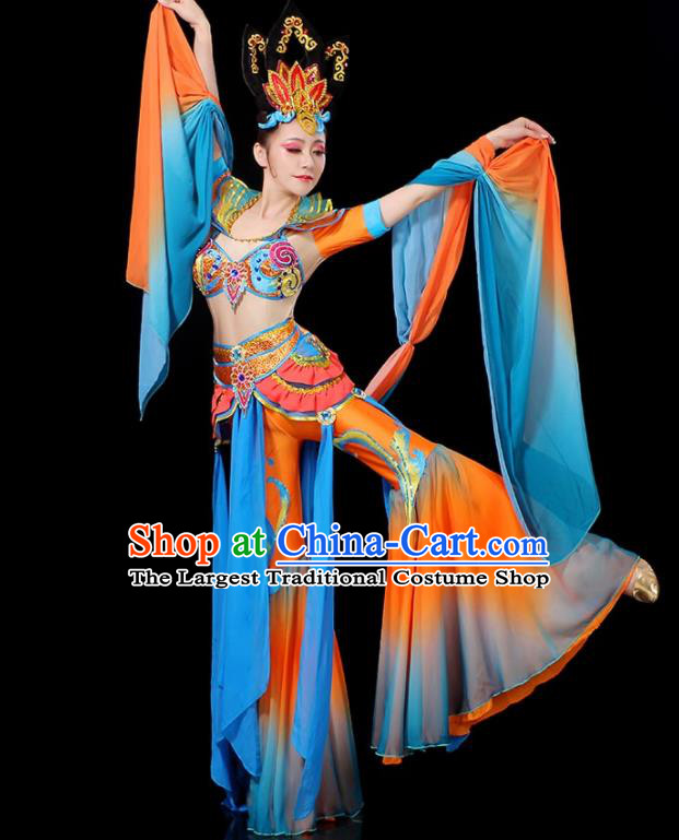 Chinese Classical Dance Costumes Flying Apsaras Dance Garment Women Group Dance Orange Outfit Thousands Hands Guanyin Dance Clothing