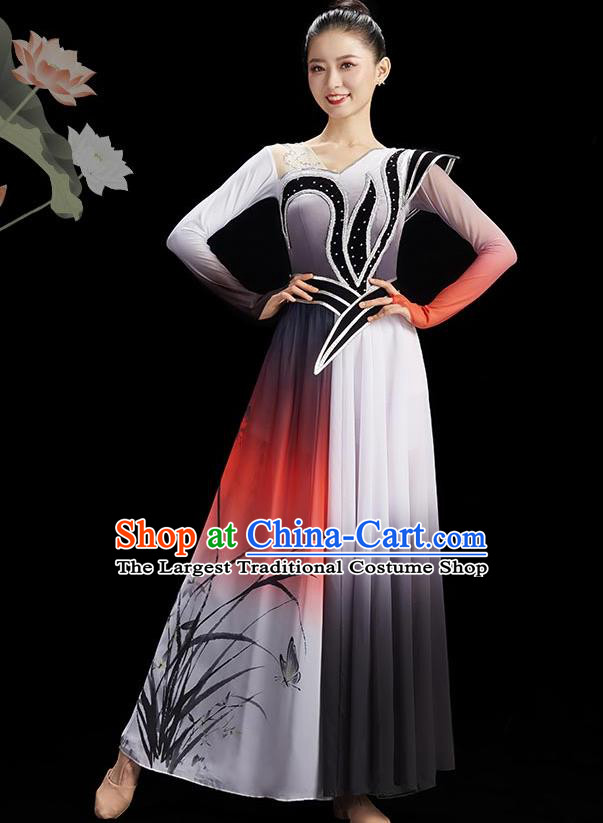 Chinese Classical Dance Costumes Ink Painting Orchids Garment Women Umbrella Dance Grey Dress Fairy Dance Clothing