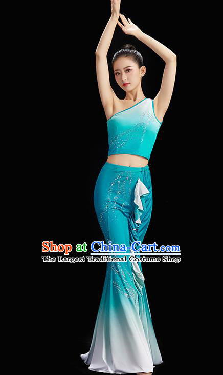 China Peacock Dance Blue Outfit Classical Dance Clothing Women Group Dance Dress Dai Nationality Dance Costume