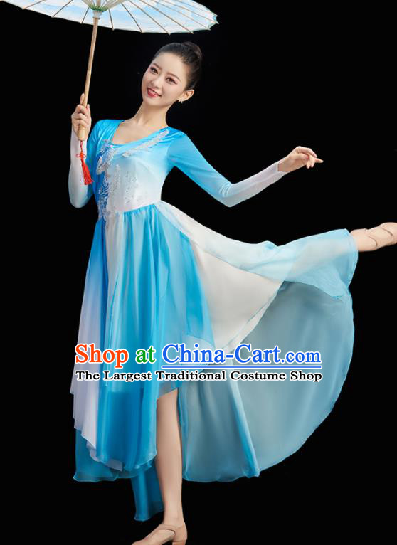 China Umbrella Dance Costume Stage Performance Garment Classical Dance Clothing Women Group Dance Blue Dress