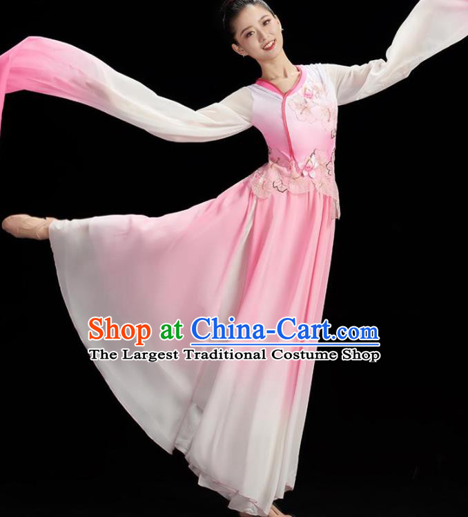 China Women Water Sleeve Dance Pink Dress Umbrella Dance Costume Stage Performance Garment Classical Dance Clothing