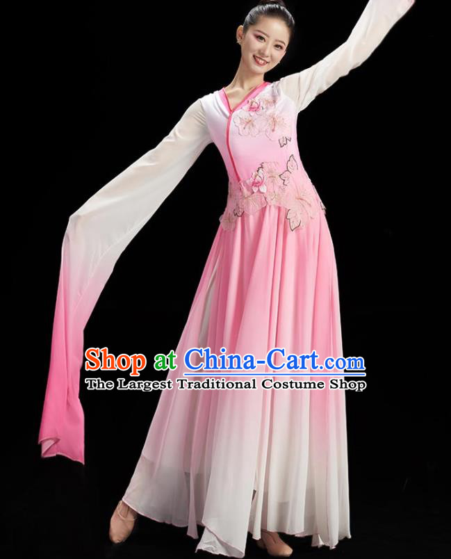 China Women Water Sleeve Dance Pink Dress Umbrella Dance Costume Stage Performance Garment Classical Dance Clothing