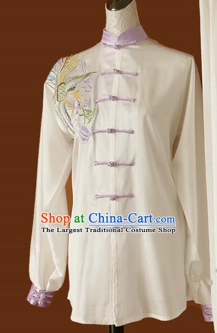 Chinese Martial Arts Costumes Women Tai Chi Training White Uniform Top Embroidered Phoenix Top Blouse and Pants Complete Set