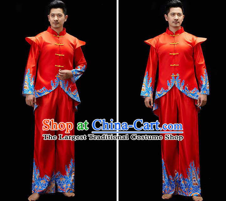 Chinese Drum Dance Clothing Men Folk Dance Costume Fan Dance Red Outfit Yangko Dance Garments