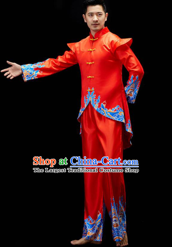 Chinese Drum Dance Clothing Men Folk Dance Costume Fan Dance Red Outfit Yangko Dance Garments