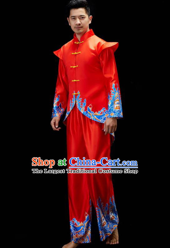 Chinese Drum Dance Clothing Men Folk Dance Costume Fan Dance Red Outfit Yangko Dance Garments