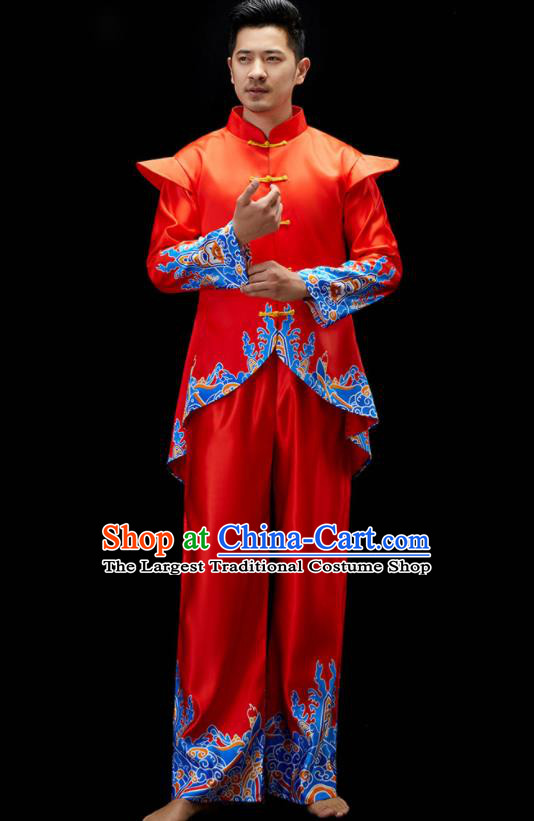Chinese Drum Dance Clothing Men Folk Dance Costume Fan Dance Red Outfit Yangko Dance Garments