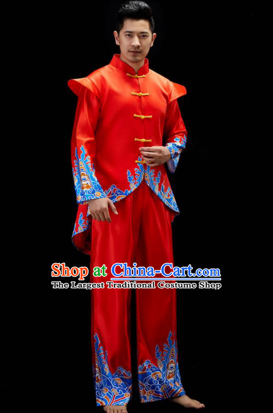 Chinese Drum Dance Clothing Men Folk Dance Costume Fan Dance Red Outfit Yangko Dance Garments