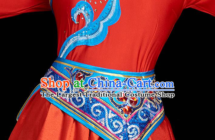 China Mongolian Women Garments Ethnic Costumes Mongol Nationality Dance Red Dress Stage Performance Clothing