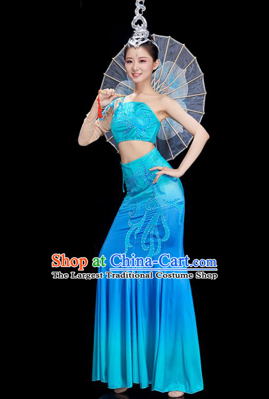 China Stage Performance Clothing Yunan Women Garments Ethnic Peacock Dance Costumes Dai Nationality Pavane Blue Dress Outfit