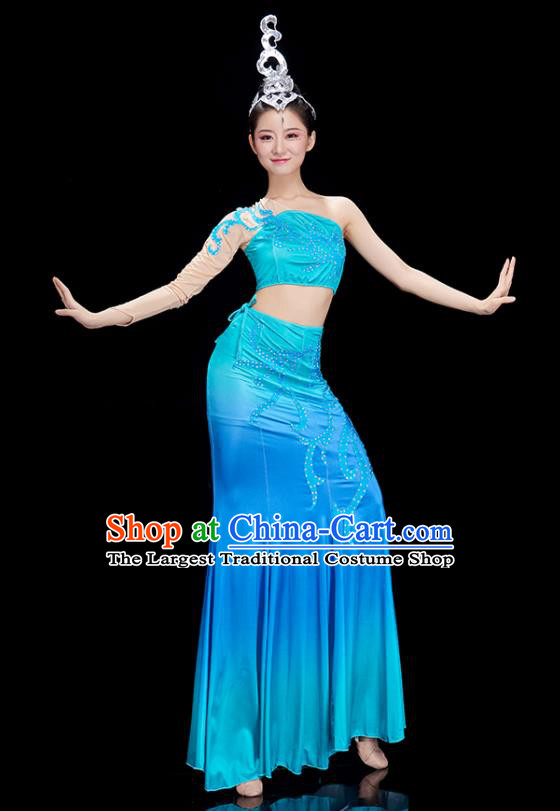China Stage Performance Clothing Yunan Women Garments Ethnic Peacock Dance Costumes Dai Nationality Pavane Blue Dress Outfit