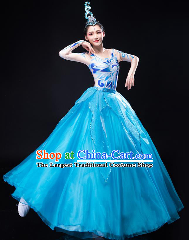 Chinese Stage Performance Blue Dress Opening Dance Clothing Women Group Dance Garment Modern Dance Costume