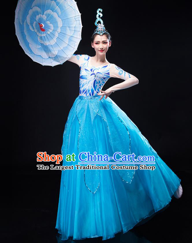 Chinese Stage Performance Blue Dress Opening Dance Clothing Women Group Dance Garment Modern Dance Costume