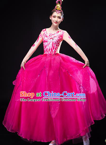 Chinese Modern Dance Costume Stage Performance Megenta Dress Opening Dance Clothing Women Group Dance Garment