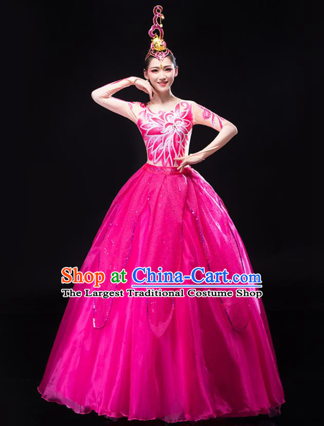 Chinese Modern Dance Costume Stage Performance Megenta Dress Opening Dance Clothing Women Group Dance Garment