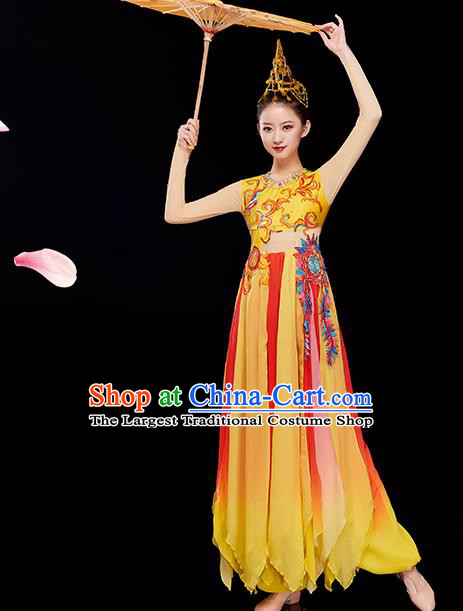 Chinese Umbrella Dance Costume Stage Performance Yellow Dress Outfit Classical Dance Clothing Women Opening Dance Garment