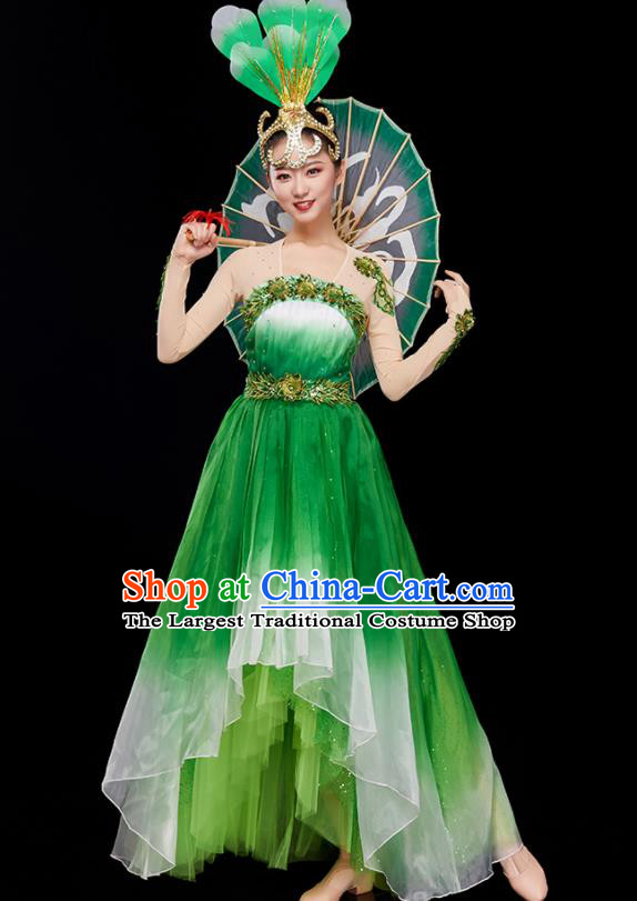 Chinese Modern Dance Clothing Women Group Dance Garment Opening Dance Costume Stage Performance Green Dress and Headpiece