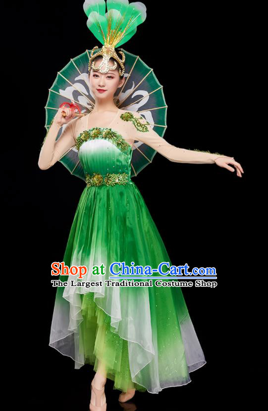 Chinese Modern Dance Clothing Women Group Dance Garment Opening Dance Costume Stage Performance Green Dress and Headpiece