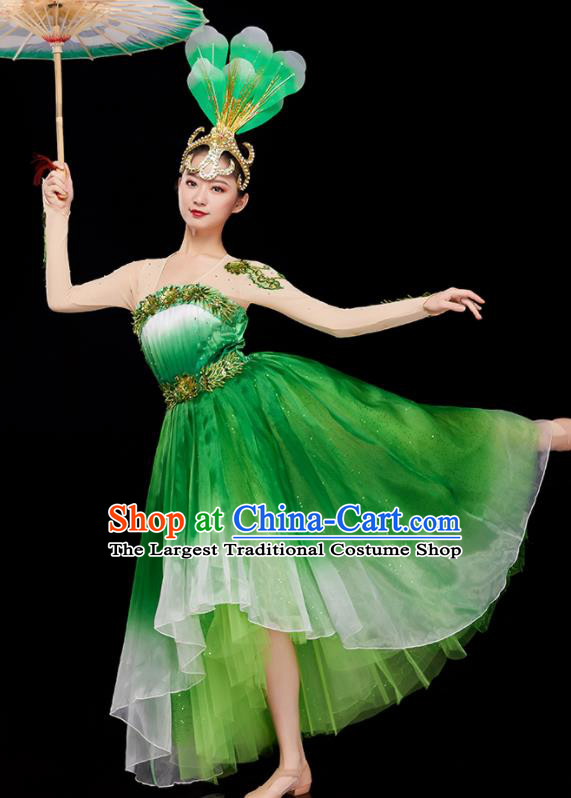 Chinese Modern Dance Clothing Women Group Dance Garment Opening Dance Costume Stage Performance Green Dress and Headpiece