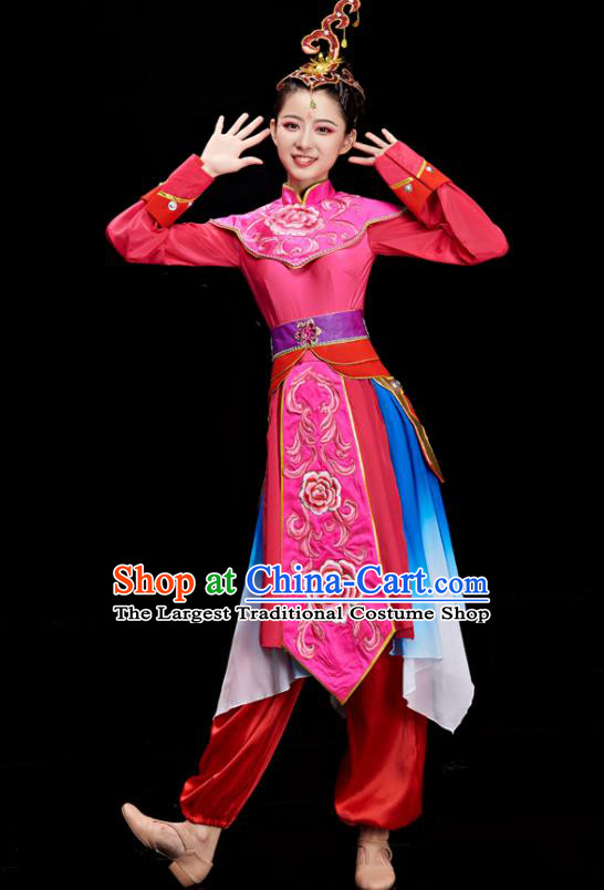 Chinese Stage Performance Megenta Outfit Drum Dance Clothing Women Group Dance Garment Classical Dance Costumes