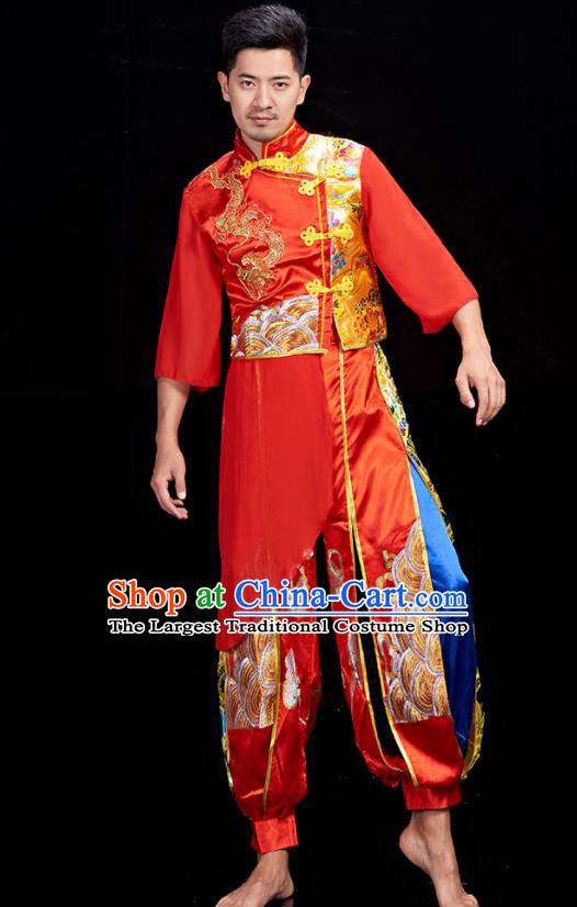 Chinese Folk Dance Costumes Stage Performance Red Outfit Drum Dance Clothing Men Yangko Dance Garments