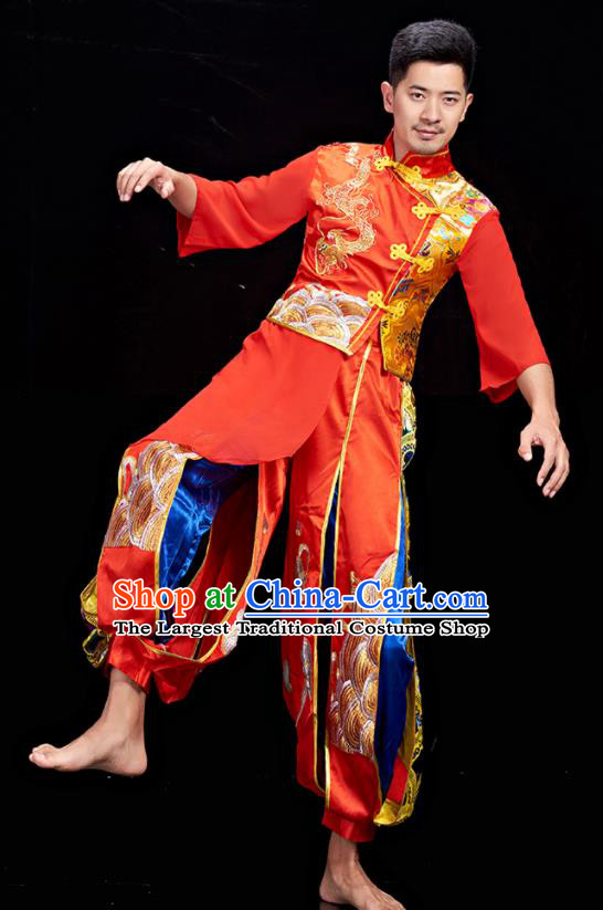 Chinese Folk Dance Costumes Stage Performance Red Outfit Drum Dance Clothing Men Yangko Dance Garments