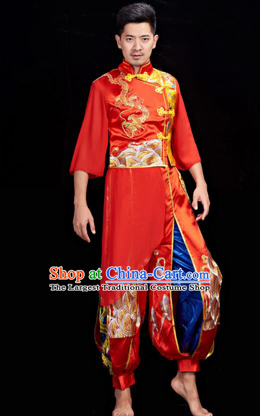 Chinese Folk Dance Costumes Stage Performance Red Outfit Drum Dance Clothing Men Yangko Dance Garments