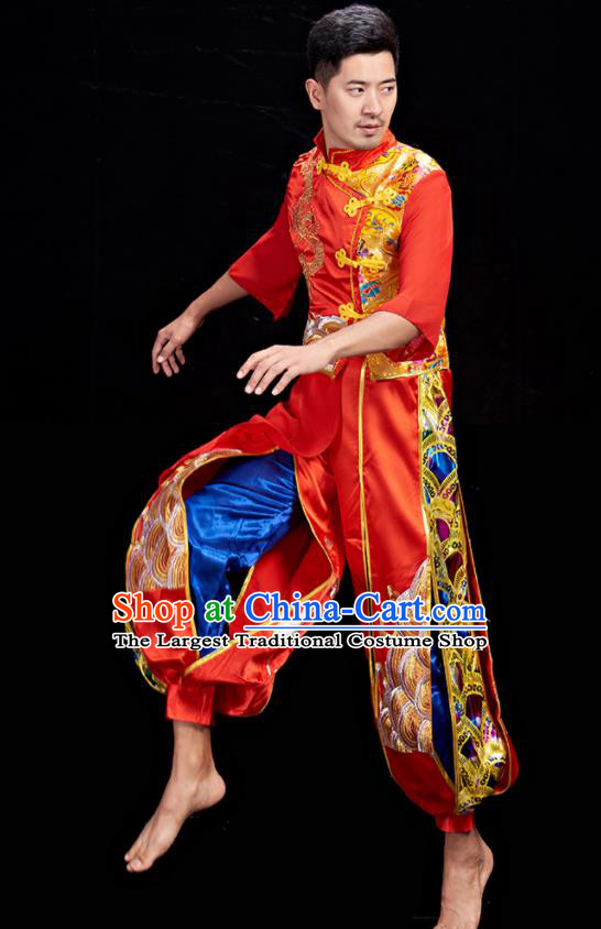 Chinese Folk Dance Costumes Stage Performance Red Outfit Drum Dance Clothing Men Yangko Dance Garments