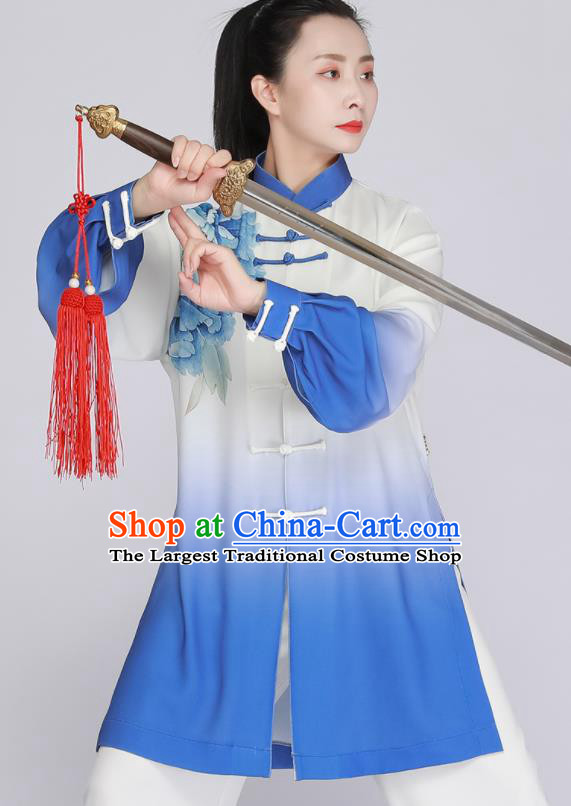Top Tai Chi Outfit Chinese Kung Fu Costumes Tai Ji Training Blue Uniform Printing Peony Clothing