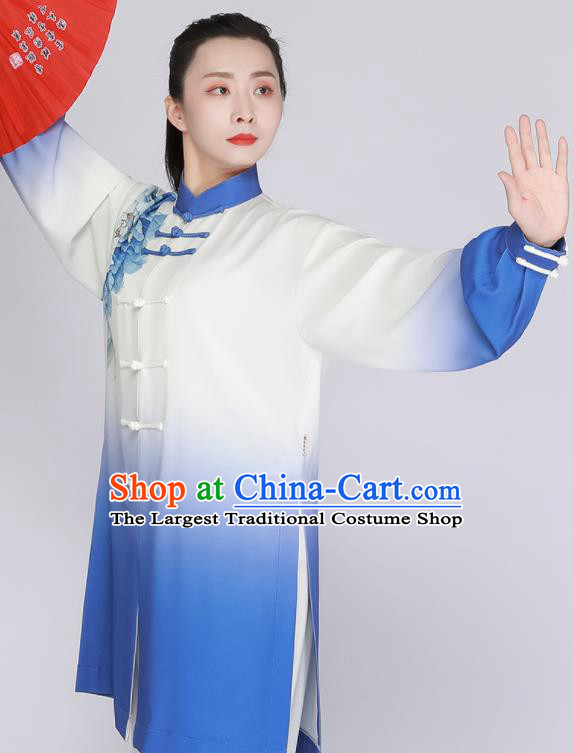 Top Tai Chi Outfit Chinese Kung Fu Costumes Tai Ji Training Blue Uniform Printing Peony Clothing