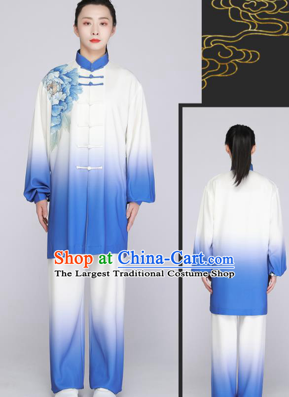 Top Tai Chi Outfit Chinese Kung Fu Costumes Tai Ji Training Blue Uniform Printing Peony Clothing