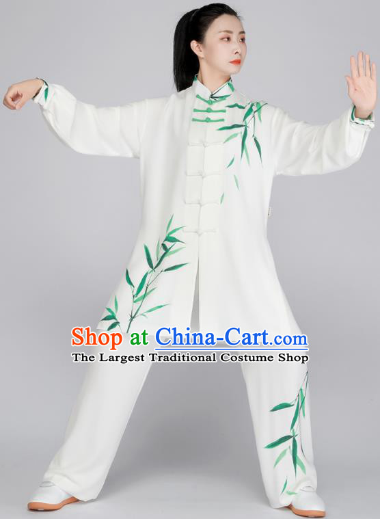 Chinese Tai Ji Competition White Uniform Printing Green Bamboo Leaf Outfit Tai Chi Training Outfit Kung Fu Costumes
