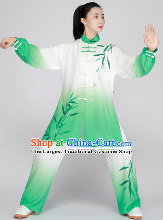 Chinese Kung Fu Costumes Tai Ji Competition Green Uniform Printing Bamboo Leaf Outfit Tai Chi Training Outfit