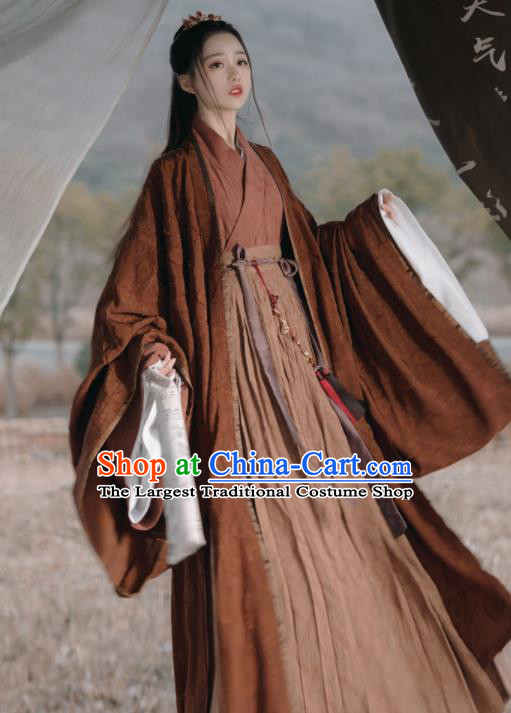 Chinese Jin Dynasty Historical Costumes Traditional Brown Hanfu Clothing Ancient Swordsman Garments