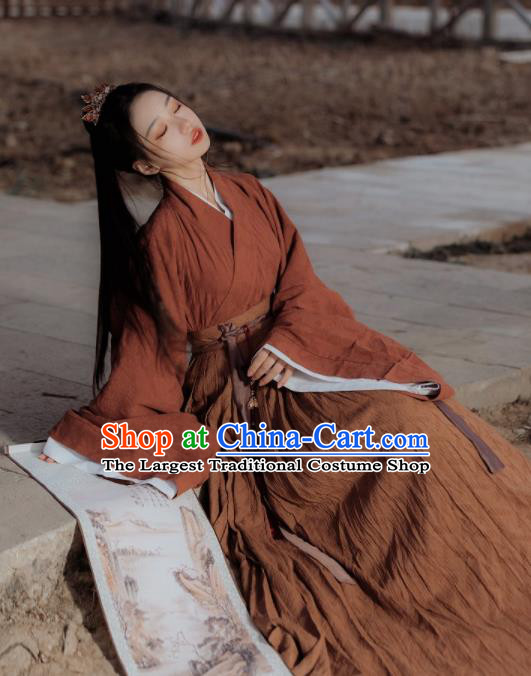 Chinese Jin Dynasty Historical Costumes Traditional Brown Hanfu Clothing Ancient Swordsman Garments
