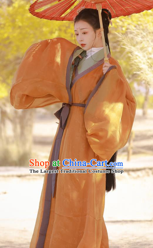 Chinese Traditional Ginger Straight Front Robe Hanfu Clothing Ancient Palace Lady Garments Han Dynasty Women Historical Costumes