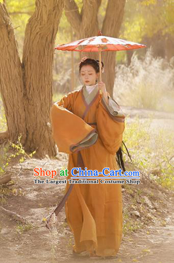 Chinese Traditional Ginger Straight Front Robe Hanfu Clothing Ancient Palace Lady Garments Han Dynasty Women Historical Costumes