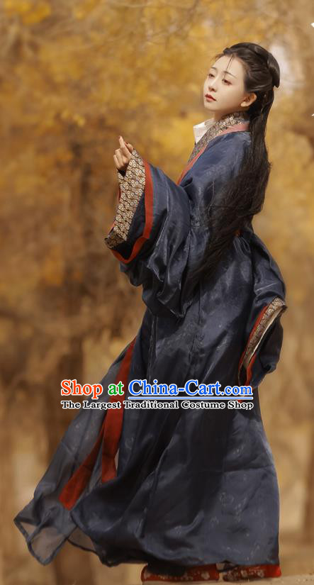Chinese Han Dynasty Women Historical Costumes Traditional Navy Straight Front Robe Hanfu Clothing Ancient Palace Lady Garments