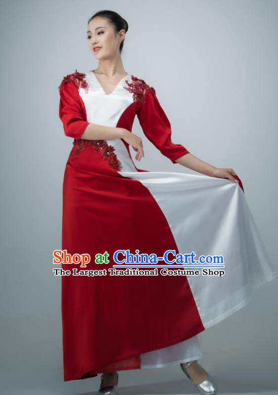 Chinese Modern Dance Wine Red Dress Opening Dance Clothing Women Compere Garment Chorus Group Performance Costume