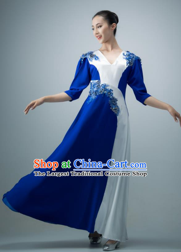 Chinese Women Compere Garment Chorus Group Performance Costume Modern Dance Royal Blue Dress Opening Dance Clothing