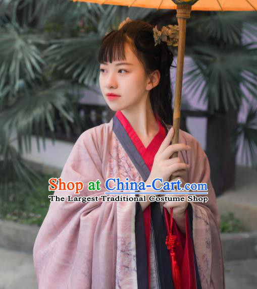 Chinese Ancient Young Lady Dress Garments Han Dynasty Princess Historical Costumes Traditional Hanfu Pink Straight Front Robe Clothing